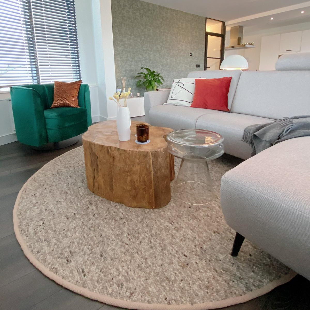 Rond wollen vloerkleed handgeweven Nanda Beige 13 interieur