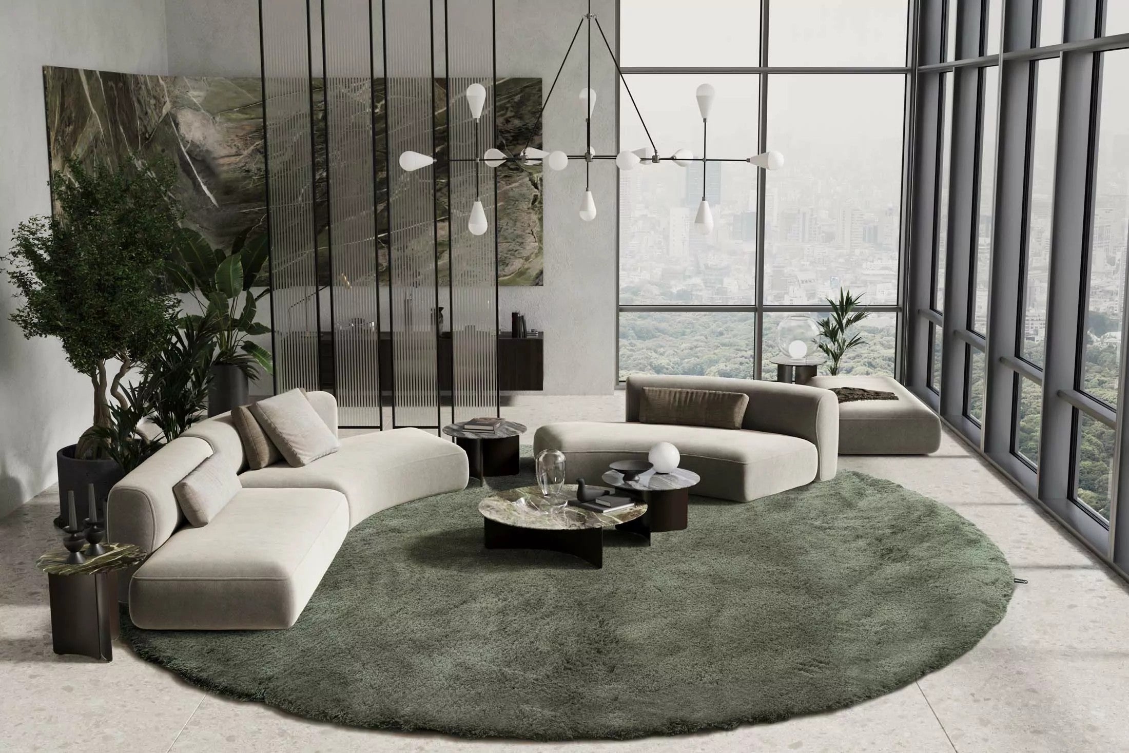 Rond hoogpolig wollen kleed Coco Groen 53 interieur
