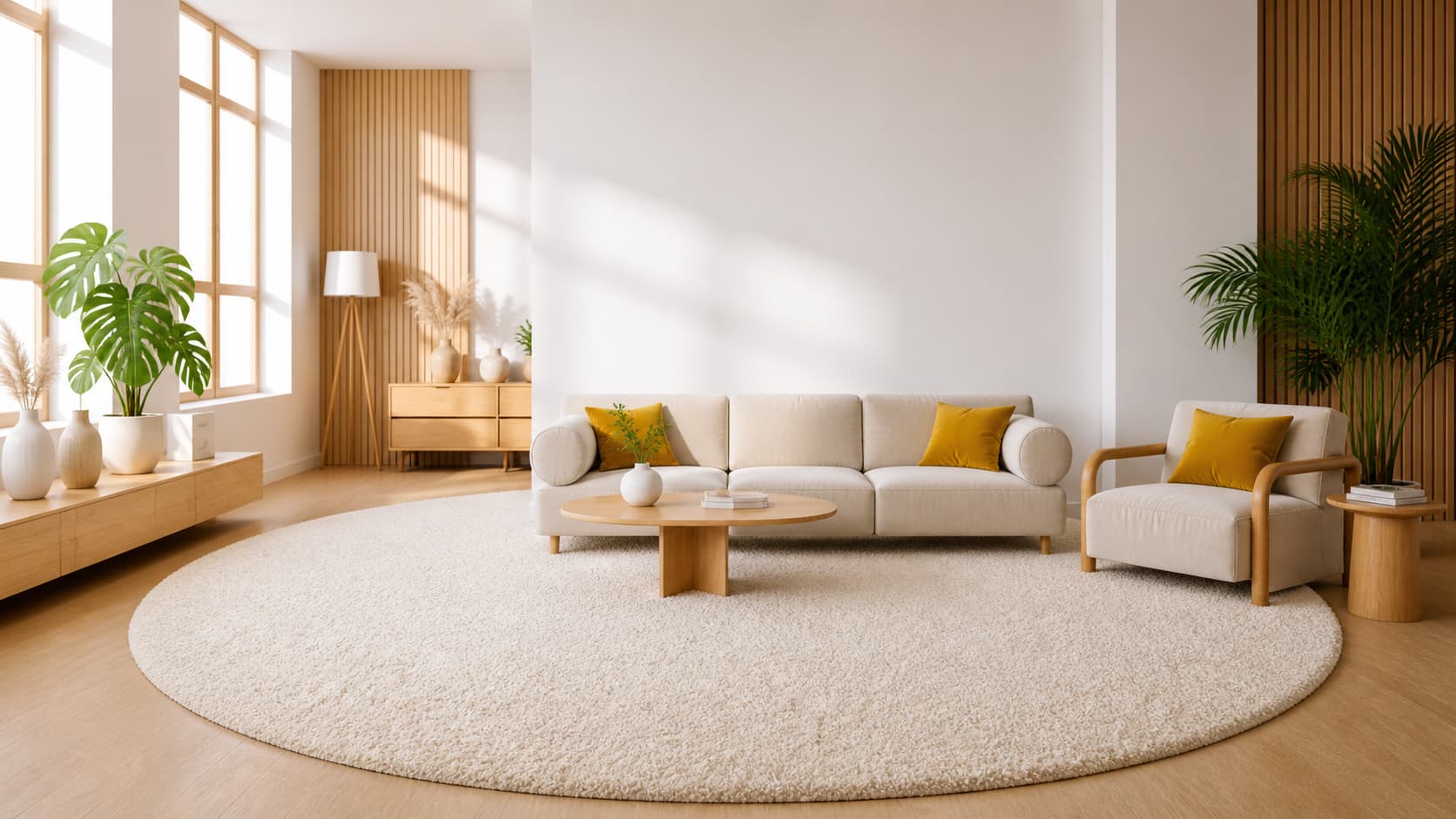 Rond hoogpolig wollen vloerkleed Ellen offwhite interieur