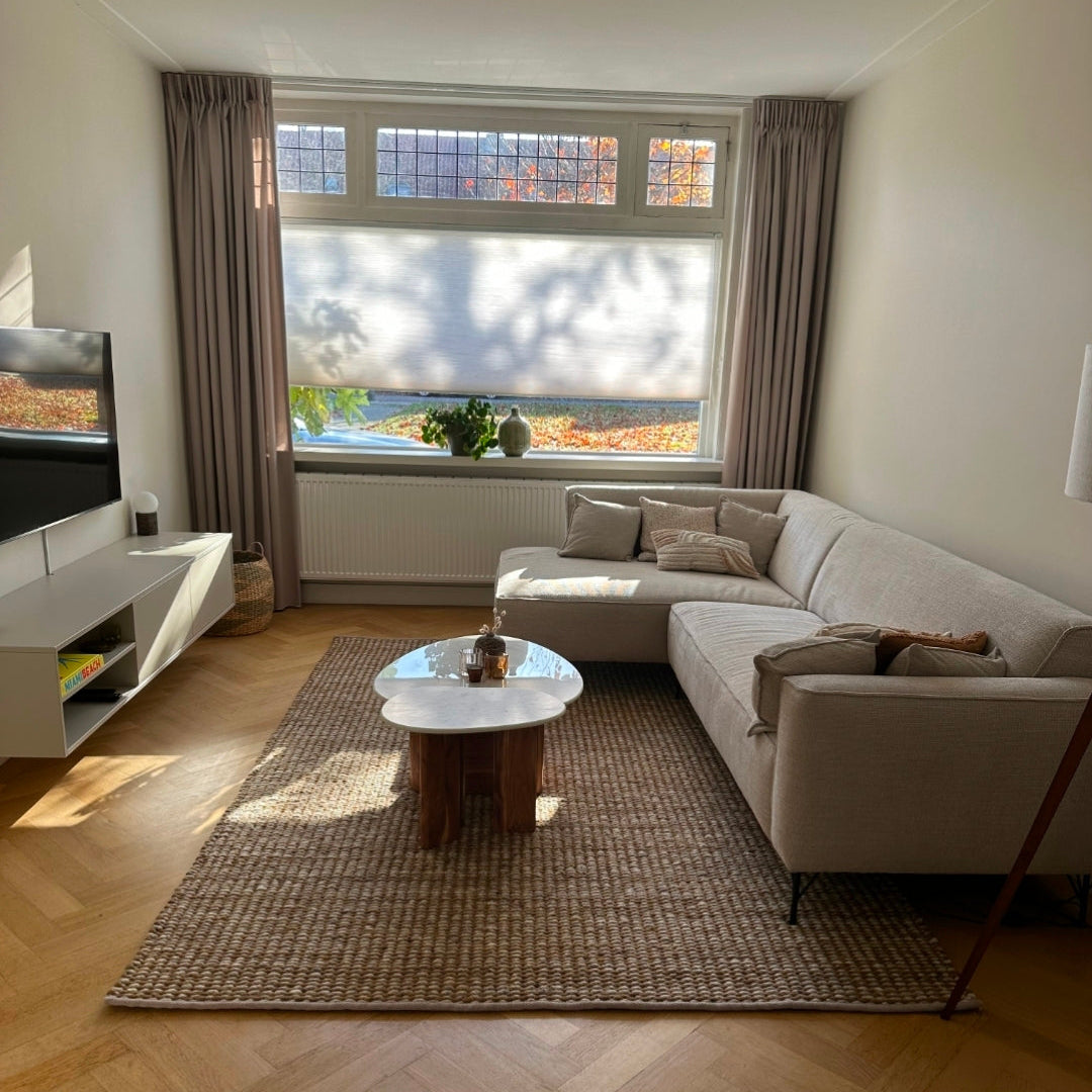 Wollen gevlochten vloerkleed Lisanne Mix Straw 464 + Bronze 462 interieur