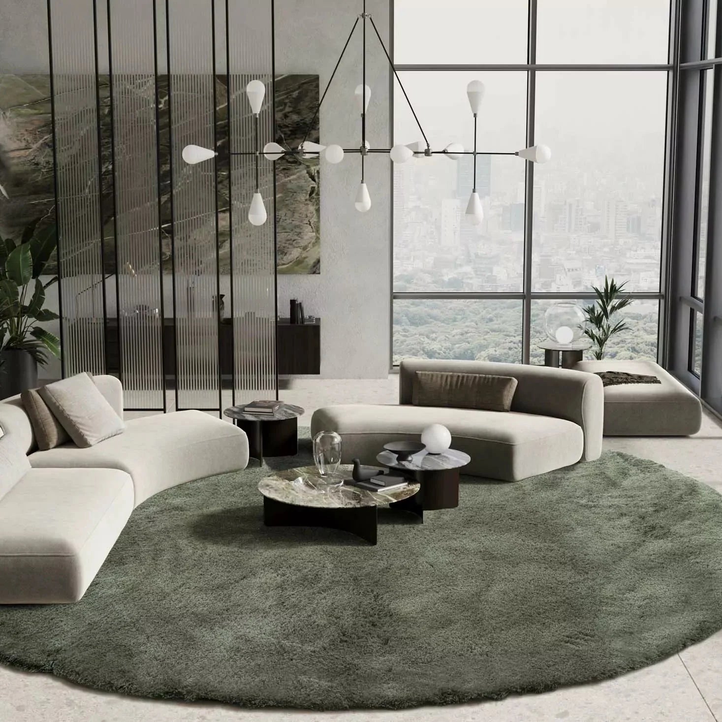 Luxe rond vloerkleed met subtiele glans in royale zithoek