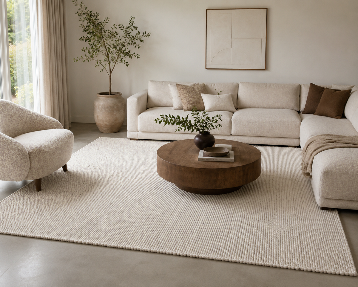 Vieve-vlak wollen vloerkleed in moderne woonkamer
