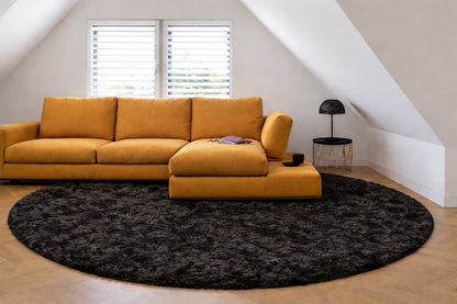 Rond hoogpolig glossy vloerkleed Valerie Chocolade interieur