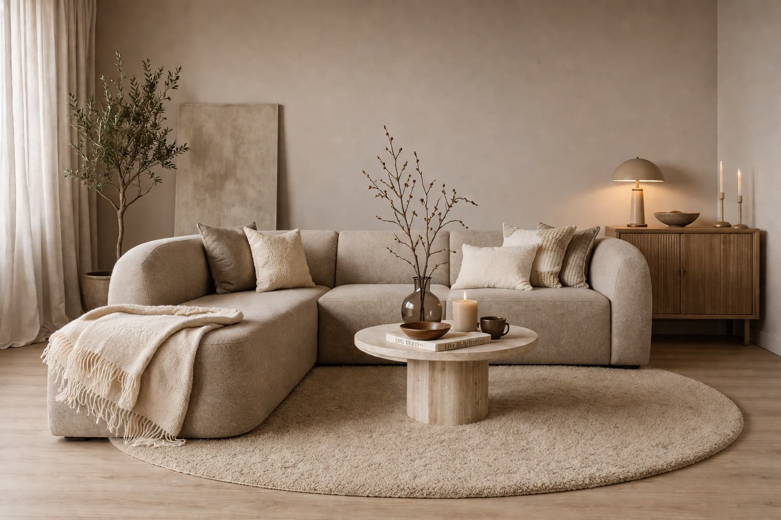 Rond hoogpolig vloerkleed Haya Latte 33 interieur
