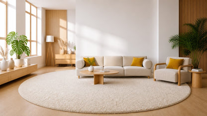 Rond hoogpolig wollen vloerkleed Ellen offwhite interieur